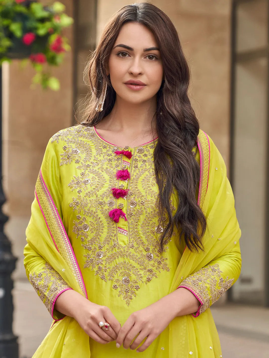 Designer Olive Yellow Embroidered Sharara Suit with Sequins Dupatta – Elegant Indian & Pakistani Festive Outfit