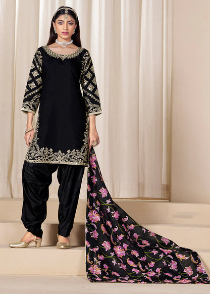 Black Roman Silk Punjabi Salwar Suit with Embroidery & Chanderi Dupatta – Indian Pakistani Wedding & Festival Wear for Women and Girls