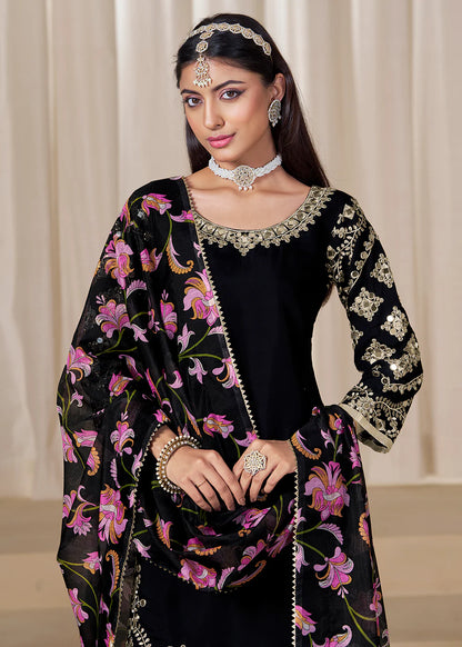 Black Roman Silk Punjabi Salwar Suit with Embroidery & Chanderi Dupatta – Indian Pakistani Wedding & Festival Wear for Women and Girls