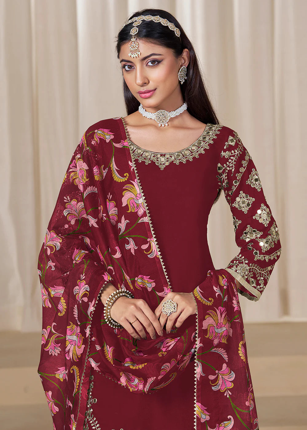 Maroon Roman Silk Punjabi Salwar Suit with Embroidery & Chanderi Dupatta – Indian Pakistani Wedding & Festival Wear