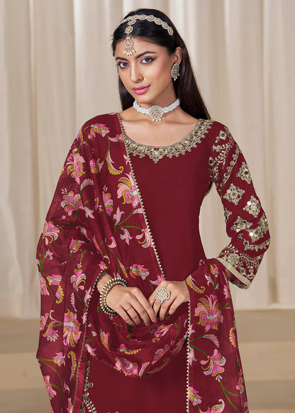 Maroon Roman Silk Punjabi Salwar Suit with Embroidery & Chanderi Dupatta – Indian Pakistani Wedding & Festival Wear