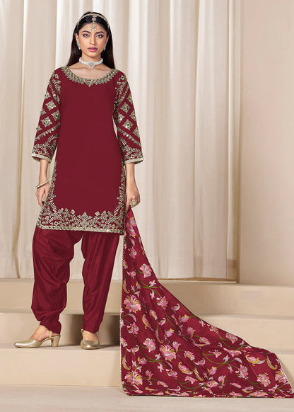 Maroon Roman Silk Punjabi Salwar Suit with Embroidery & Chanderi Dupatta – Indian Pakistani Wedding & Festival Wear