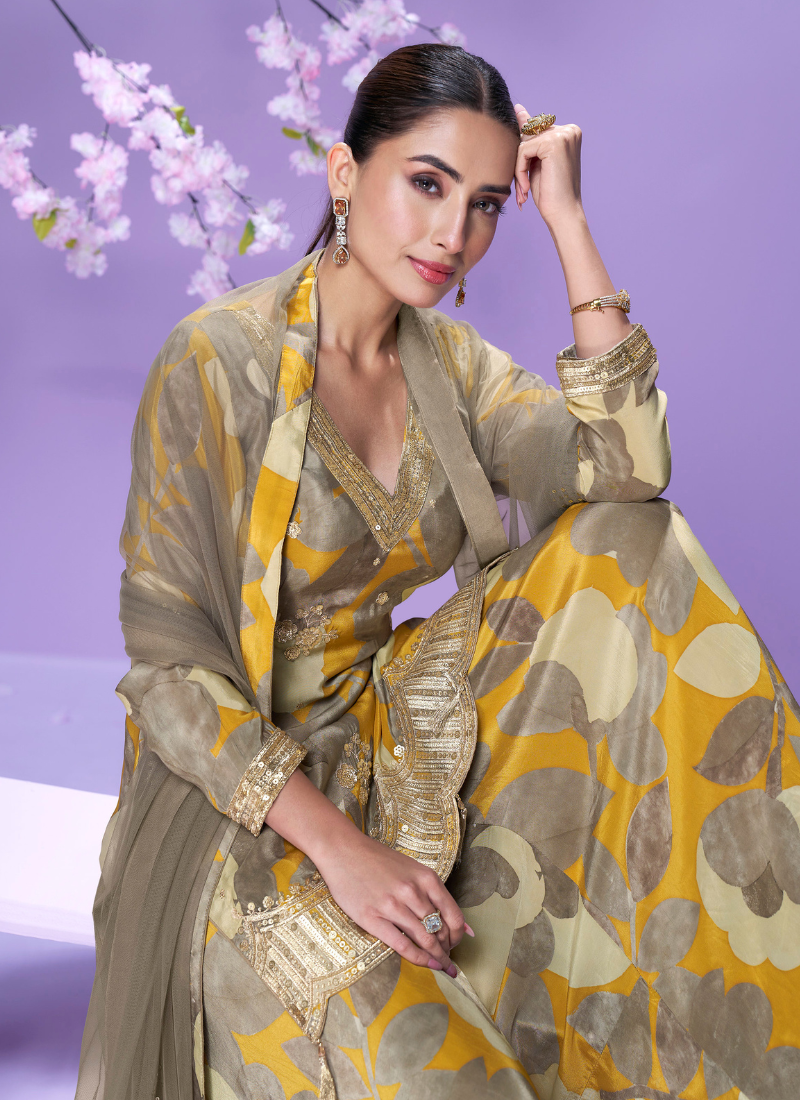 Yellow and Grey Chinon Silk Palazzo Suit For Indian Wedding and Pakistani Festival