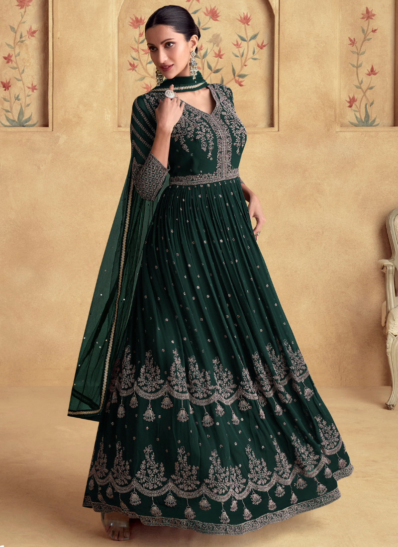 Shop Green Georgette Embroidered Anarkali Suit with Dupatta