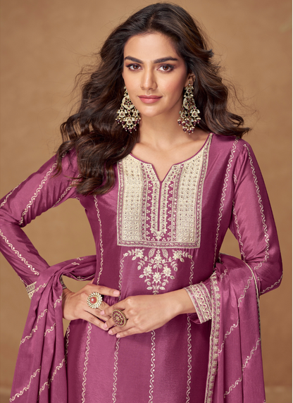 Party Wear Mauve Purple Chinon Embroidered Plazzo Suit