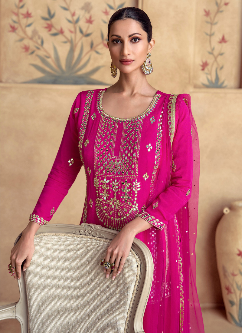 Designer Rani Pink Chinnon Silk Embroidered Sharara Suit with Dupatta – Perfect for Indian Wedding & Pakistani Festival