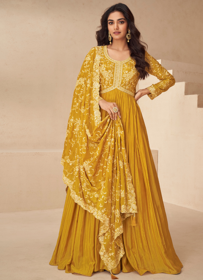 Mustard Yellow Chinnon Silk Embroidery Anarkali Gown with Dupatta for Indian Festival and Pakistani Wedding - Thread Work