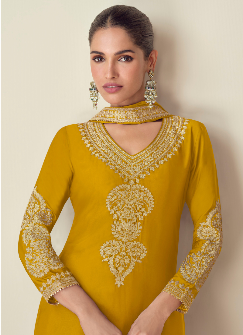 Yellow Chinnon Silk Embroidered Straight Suit with Dupatta - Perfect for Indian Festival and Pakistani Wedding