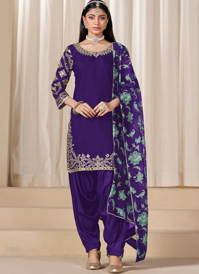 Purple Roman Silk Punjabi Salwar Suit with Embroidery & Chanderi Dupatta – Indian Pakistani Wedding & Festival Wear for Women and Girls