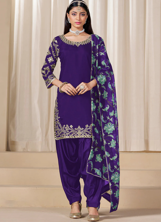 Purple Roman Silk Punjabi Salwar Suit with Embroidery & Chanderi Dupatta – Indian Pakistani Wedding & Festival Wear for Women and Girls