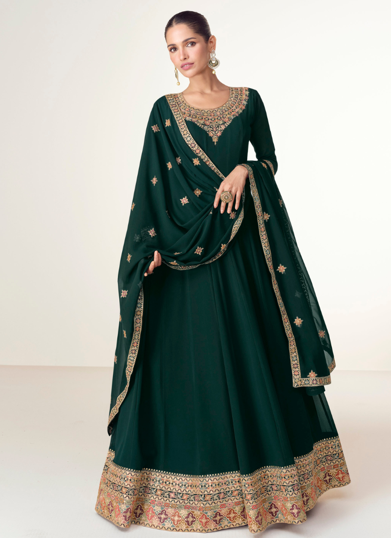 Buy Online Green Georgette Embroidered Anarkali Gown with Dupatta