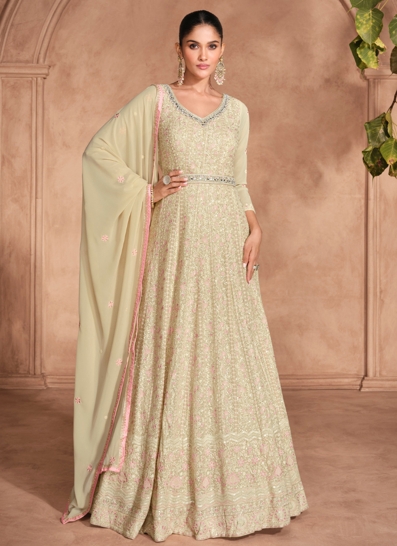 Off White Chikankari Embroidered Anarkali Gown with Dupatta – Perfect for Indian and Pakistani Wedding