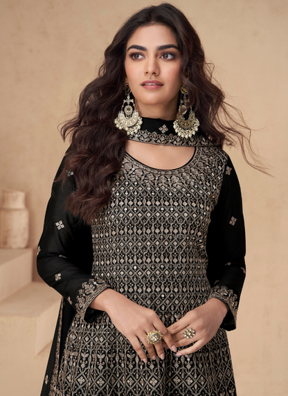 Black Chinnon Silk Sharara Suit with Dupatta -Perfect for Indian Wedding & Pakistani Festival