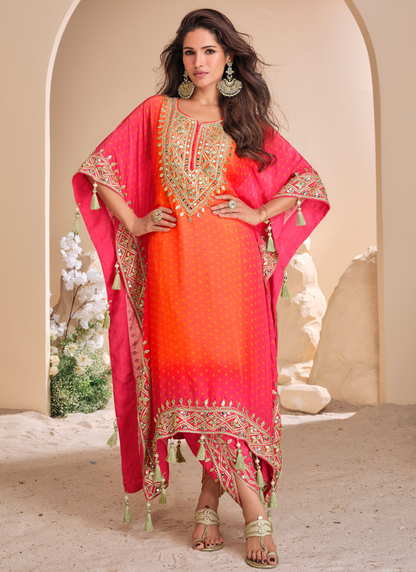 Orange and Pink Viscose Silk Kaftan with Tassels