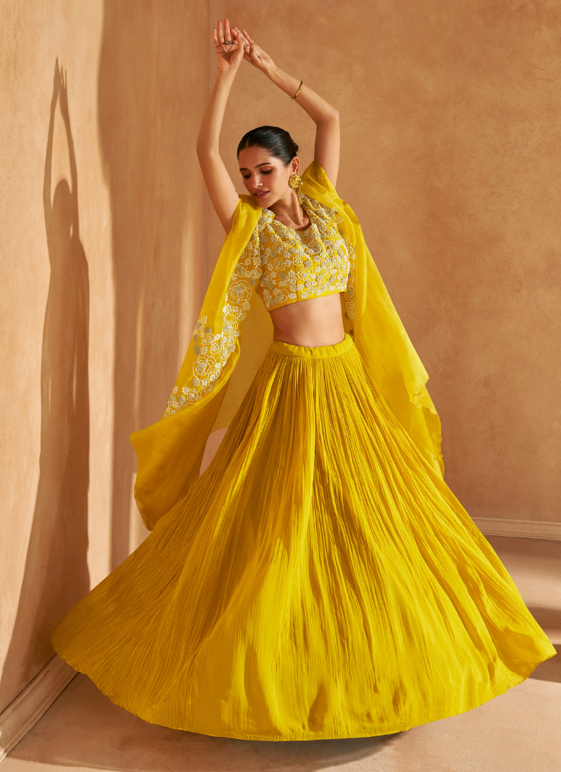 Yellow Embroidered Lehenga Set with Cape Dupatta for Pakistani Festival and Indian Wedding 