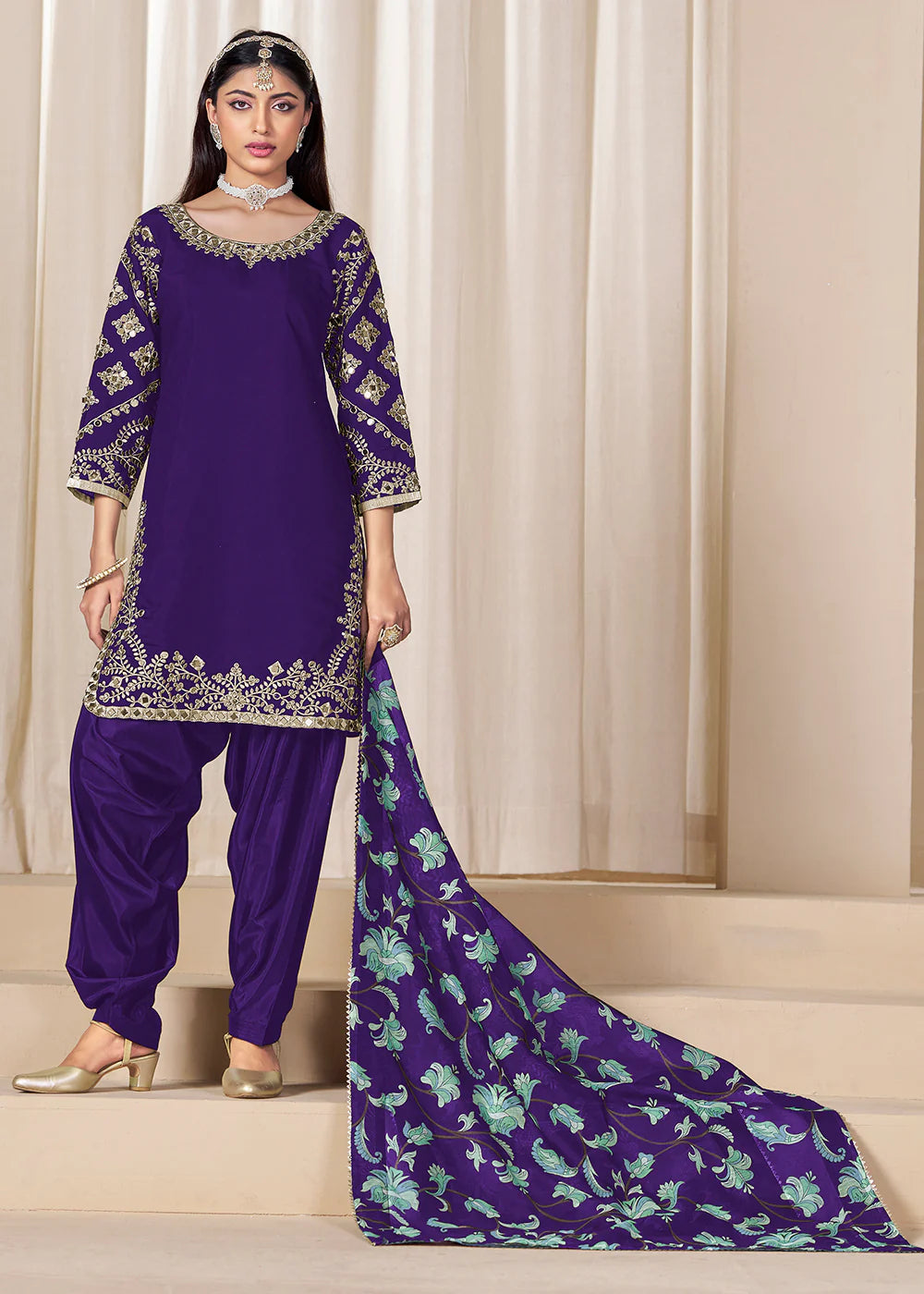 Purple Roman Silk Punjabi Salwar Suit with Embroidery & Chanderi Dupatta – Indian Pakistani Wedding & Festival Wear for Women and Girls