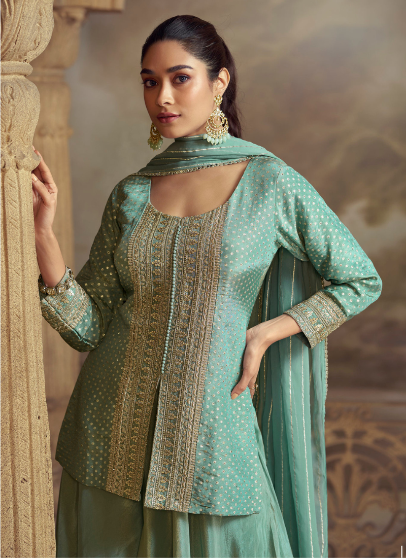 Sea Green Viscose Sharara Suit with Dupatta for Indian Wedding and Pakistani Festival