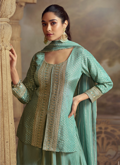 Sea Green Viscose Sharara Suit with Dupatta for Indian Wedding and Pakistani Festival