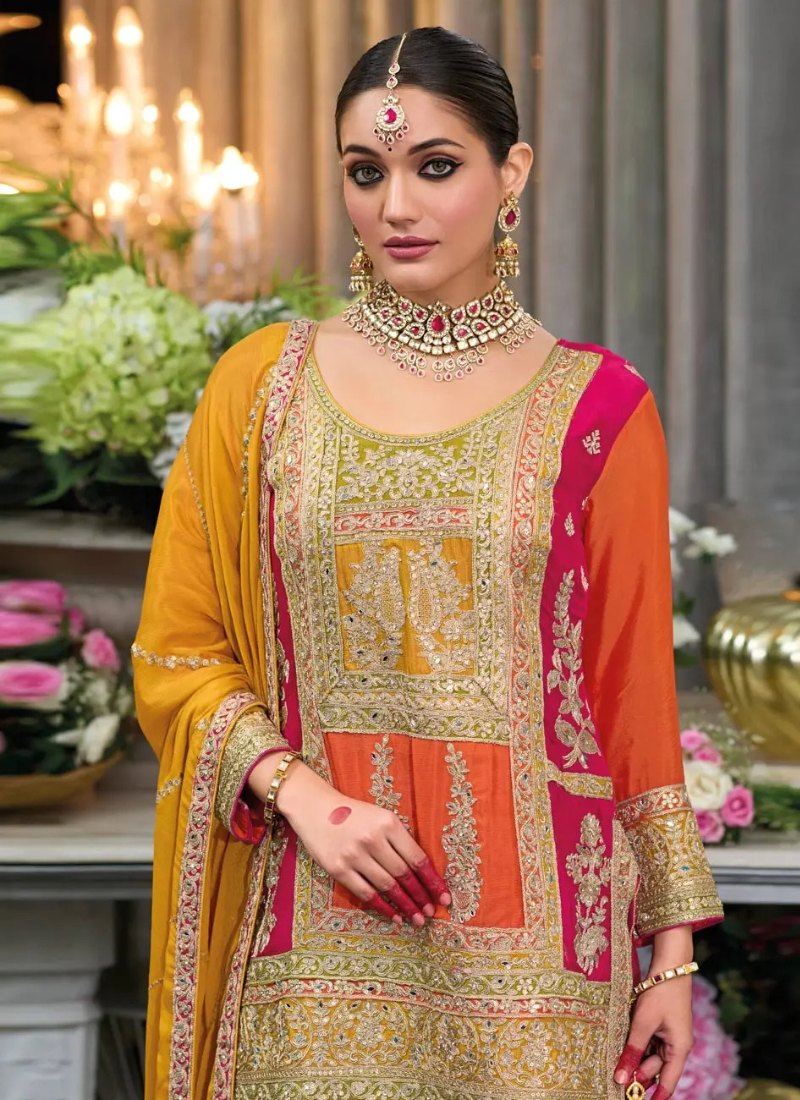 Yellow and Pink Embroidered Chinnon Sharara Suit with Dupatta – Indian Wedding and Pakistani Festival Wear