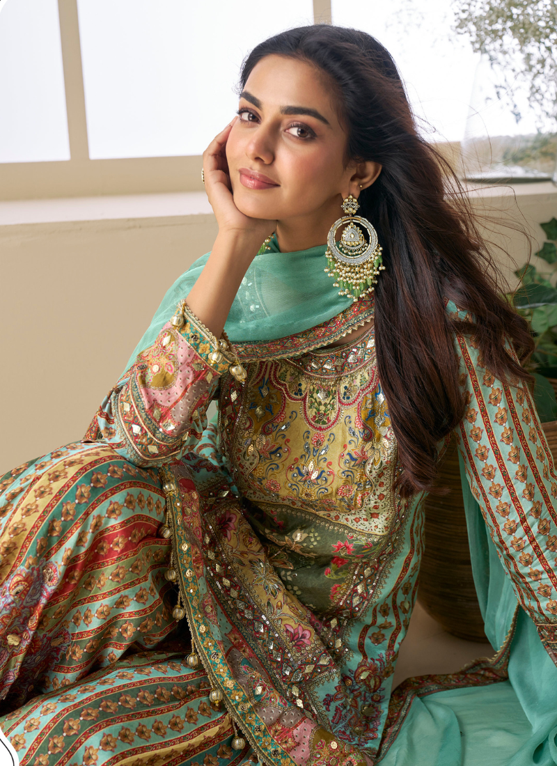 Teal Multicolor Viscose Crepe Silk Embroidered Sharara Suit with Zari & Gota Patti