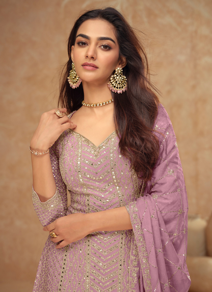 Designer Lavender Chinnon Sharara Suit with Dupatta for Pakistani Weddings and Indian Festivals – Embroidery Work