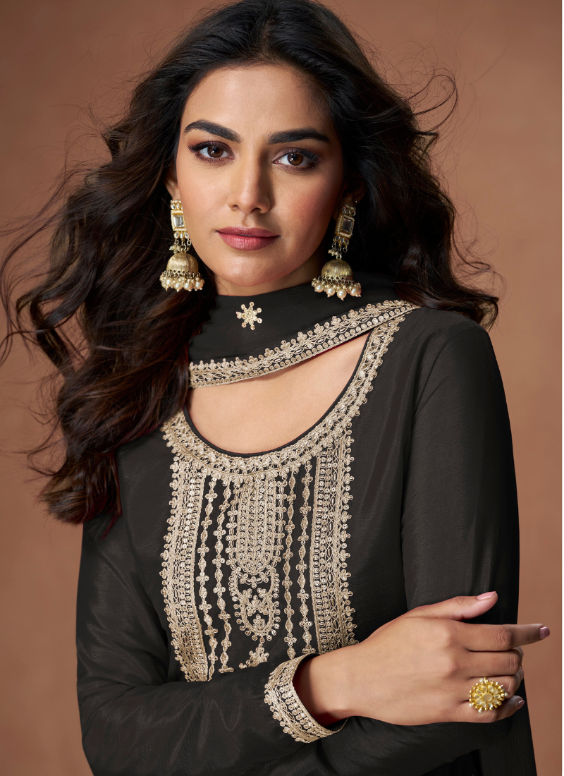 BLACK CHINON SILK SALWAR KAMEEZ WITH DUPATTA FOR INDIAN AND PAKISTANI FESTIVAL