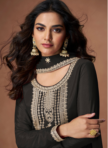 BLACK CHINON SILK SALWAR KAMEEZ WITH DUPATTA FOR INDIAN AND PAKISTANI FESTIVAL