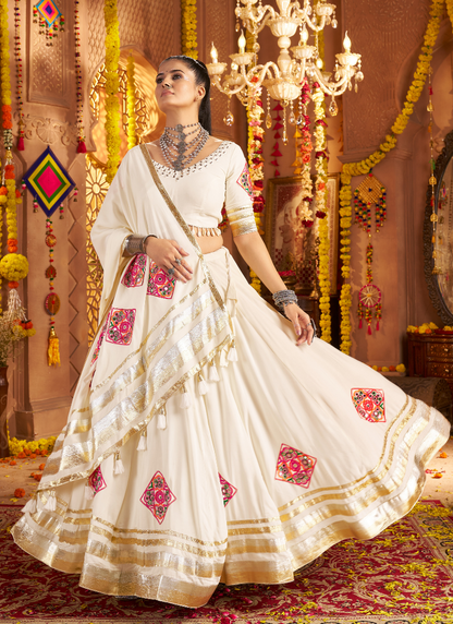 Off-White Mirror Embroidered Chaniya Choli With Dupatta For Indian Festival And Garba Nights