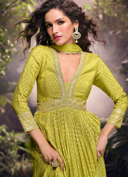 Lime Green Jacquard Silk Embroidered Anarkali Gown with Dupatta for Indian Wedding and Pakistani Festival