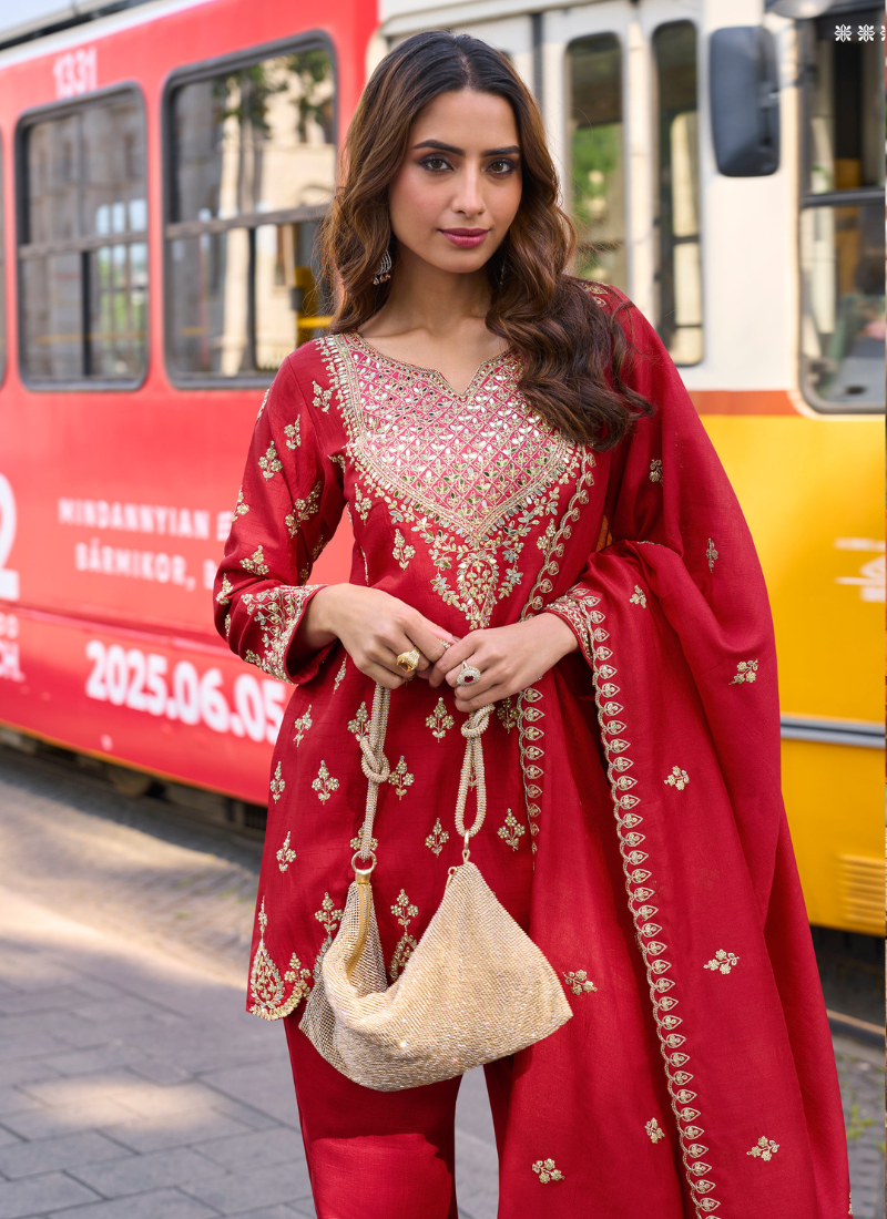 Designer Red Simar Silk Salwar Suit with Dupatta for Indian Wedding and Pakistani Festival