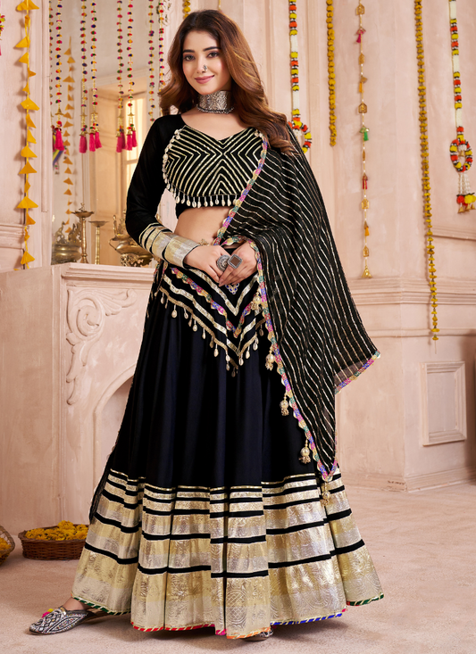 Black Mirror Embroidered Jacquard Navratri Lehenga Choli with Gamthi Lace