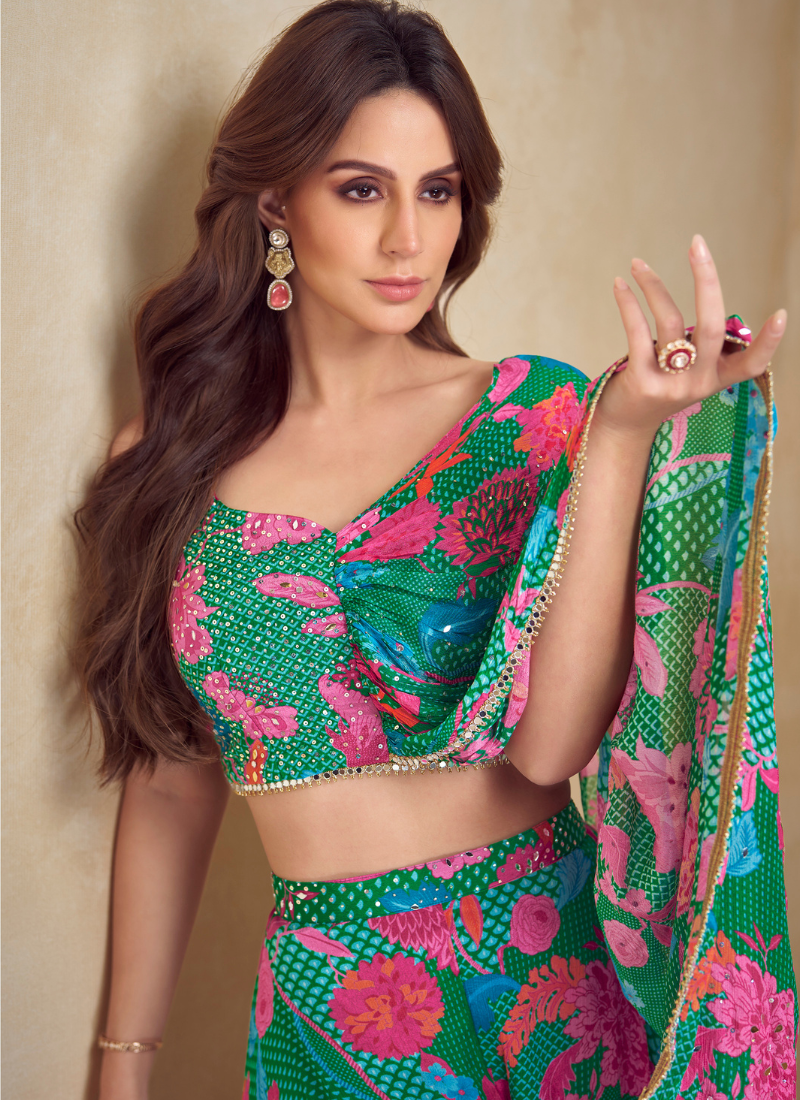 Designer Green Chinon Silk Poncho Style Palazzo Set with Pink Floral Print – Festive Wear