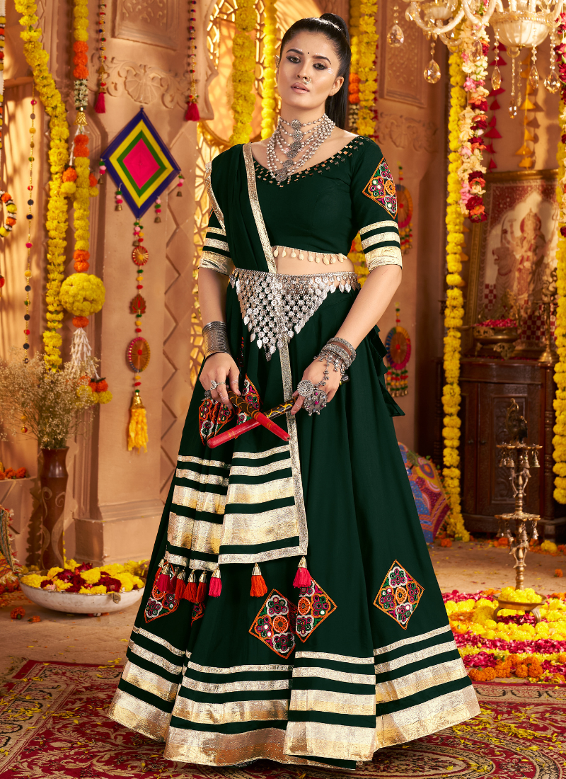 Dark Green Chaniya Choli With Dupatta For Navratri Garba – Mirror, Thread, Embroidery Work – Navratri 2025 Collection