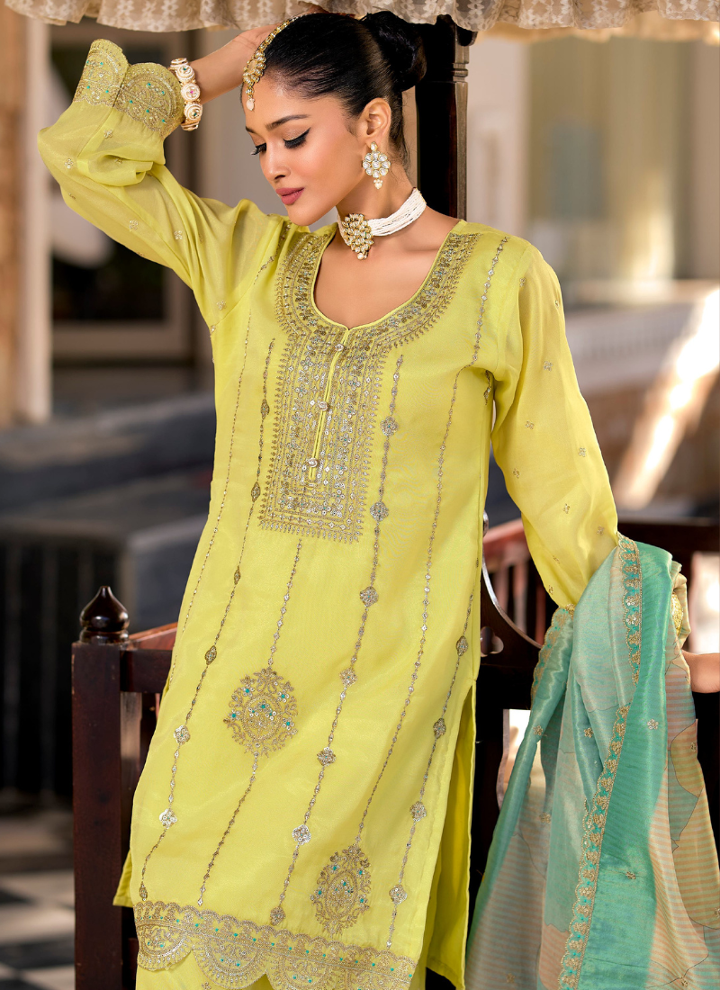 Lime Green Simar Embroidered Sharara Suit with Dupatta for Panjabi Weddings