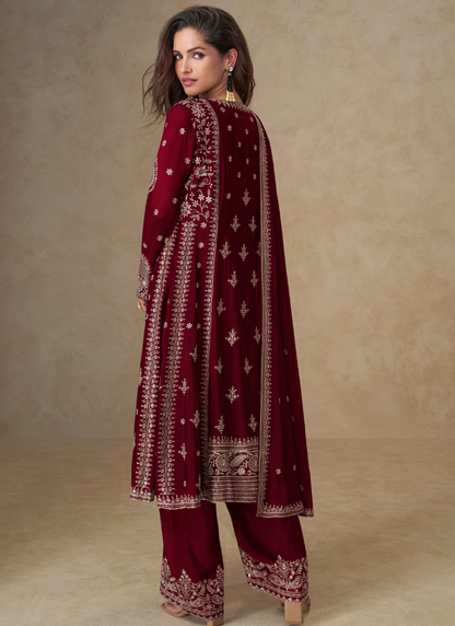 Maroon Chinon Silk Palazzo Suit with Dupatta for Indian and Pakistani Party Wear