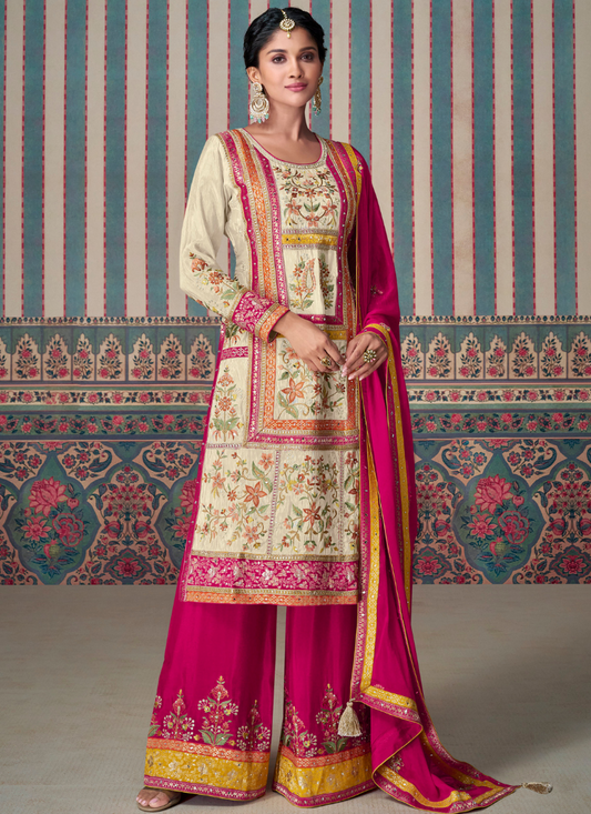 Shop Online Cream and Pink Chinnon Embroidered Kameez with Palazzo and Dupatta 