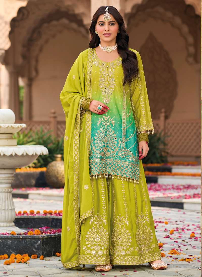 Buy  Lime Green Chinnon Embroidered Salwar Kameez with Palazzo and Dupatta for Pakistani Weddings and Indian Festivals 