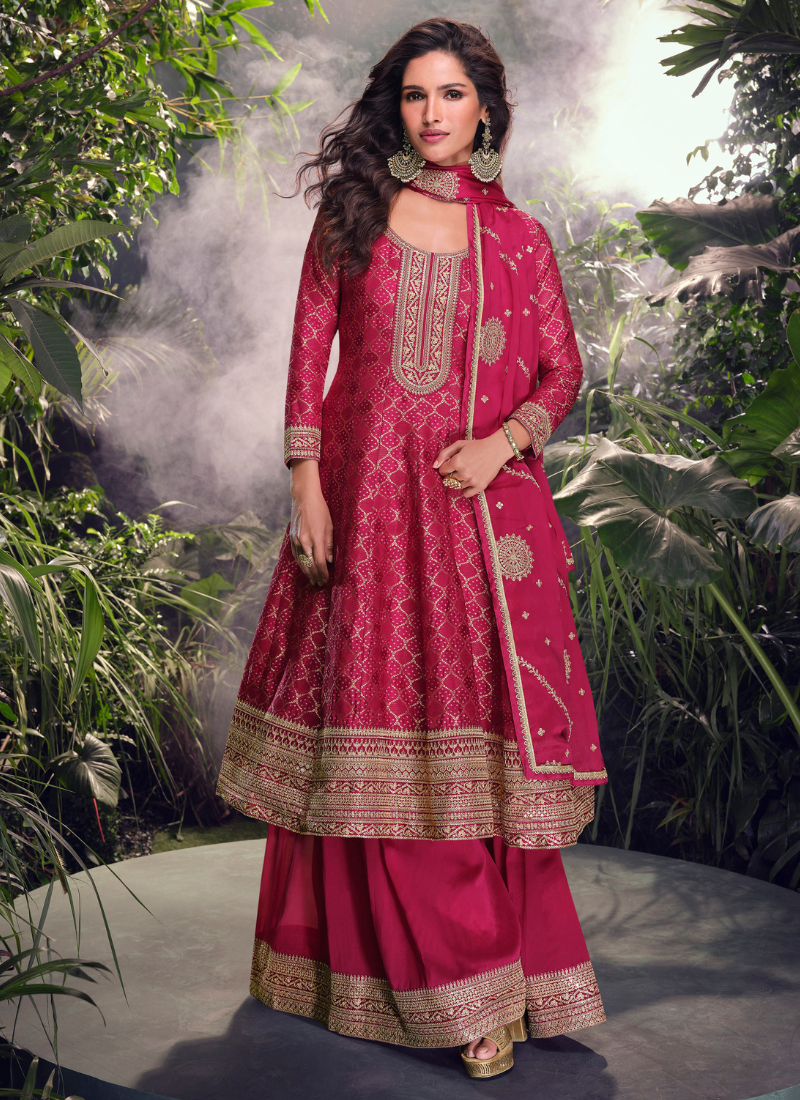 Buy Designer Magenta Pink Pure Viscose Jacquard Silk Embroidery Sharara Suit with Dupatta for Indian Festivals and Pakistani Weddings 