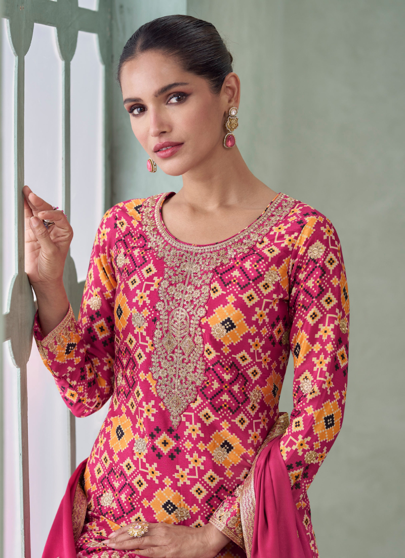 Rani Pink & Yellow Chinon Silk Sharara Suit for Indian Wedding and Pakistani Festival