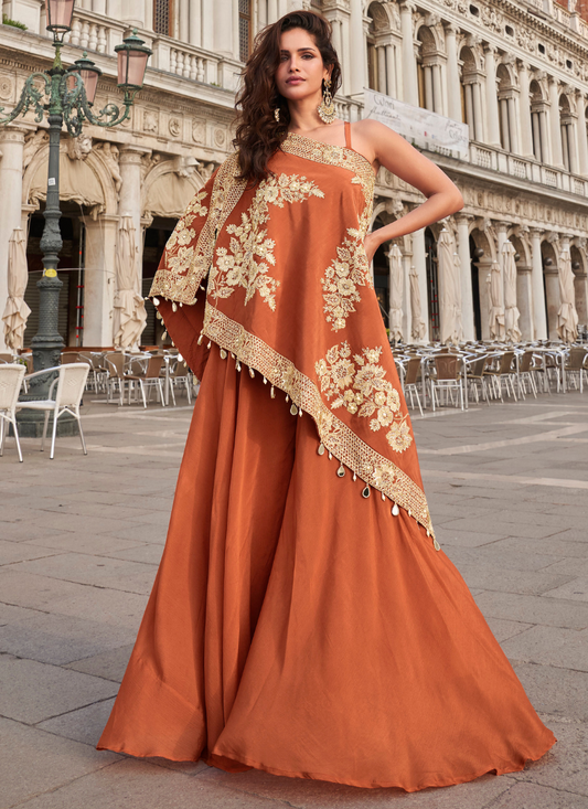 Designer Rust Orange Crepe Silk Indo-Western Embroidered Shrug with Palazzo