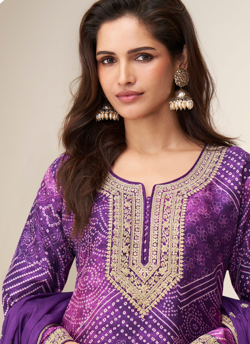Designer Purple Sharara Suit with Zari Embroidery with Dupatta for Indian Wedding and Pakistani Festival