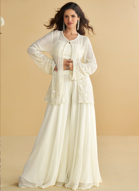 Designer Jacket Style Georgette Silk White Indo-Western Co-Ord Set