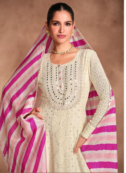 Off White Chikankari Embroidered Anarkali Gown with Striped Dupatta – Perfect for Indian and Pakistani Wedding