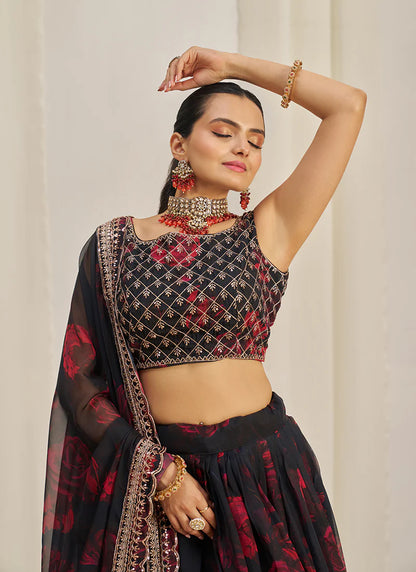 Floral Printed Black Lehenga Choli with Embroidery Detailing