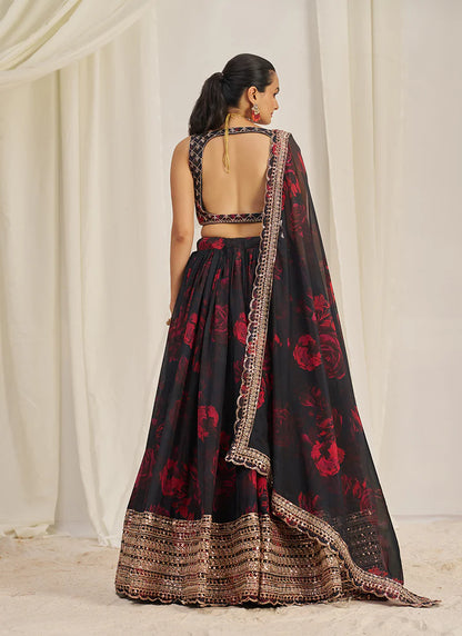 Floral Printed Black Lehenga Choli with Embroidery Detailing