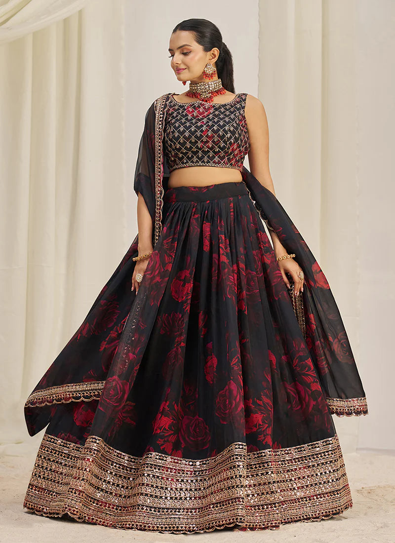 Floral Printed Black Lehenga Choli with Embroidery Detailing