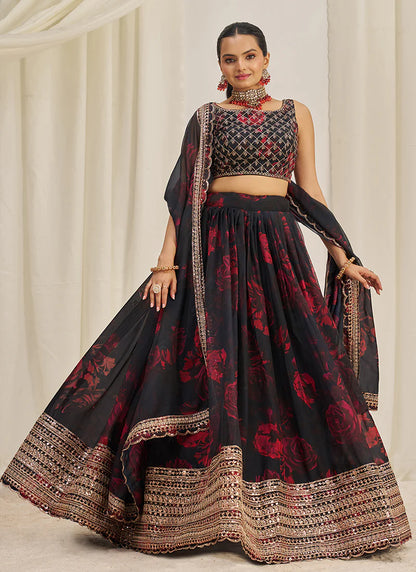 Floral Printed Black Lehenga Choli with Embroidery Detailing