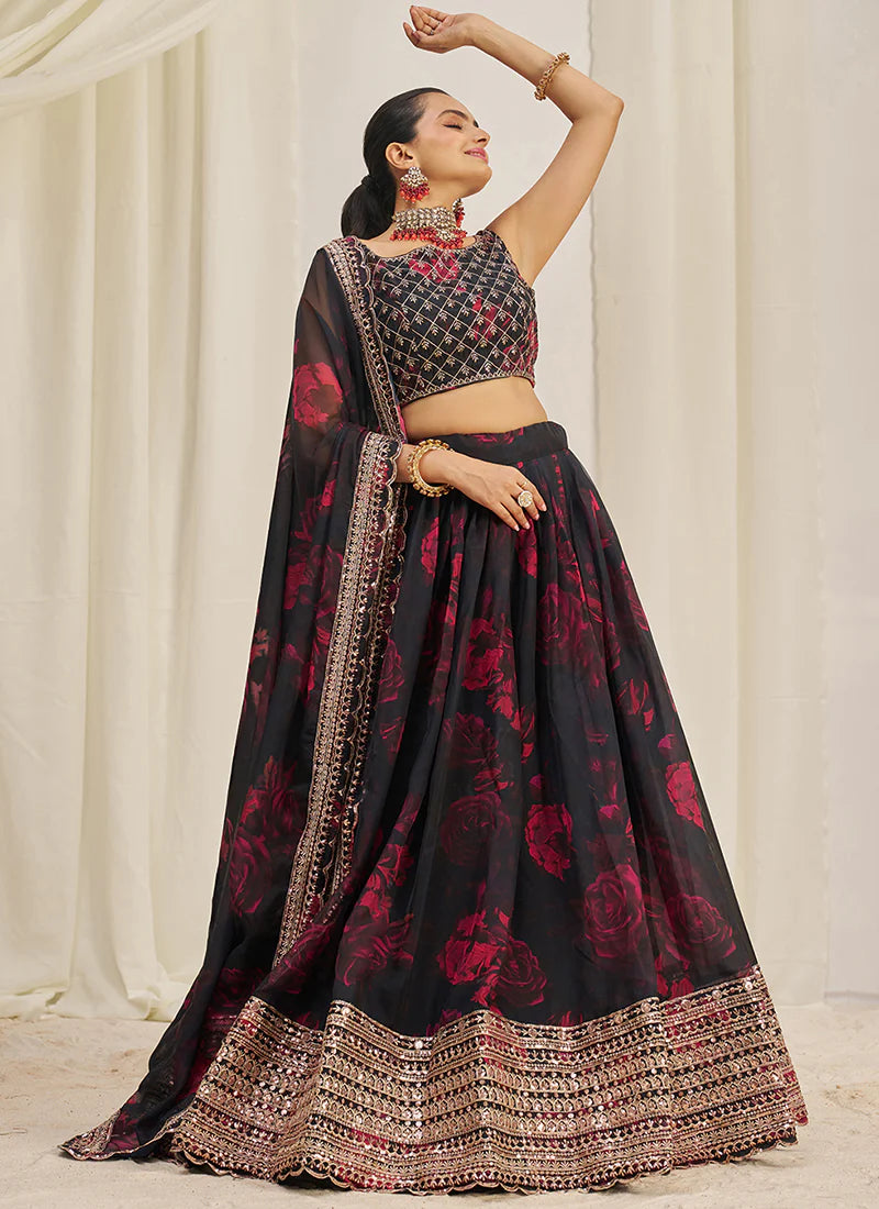 Floral Printed Black Lehenga Choli with Embroidery Detailing