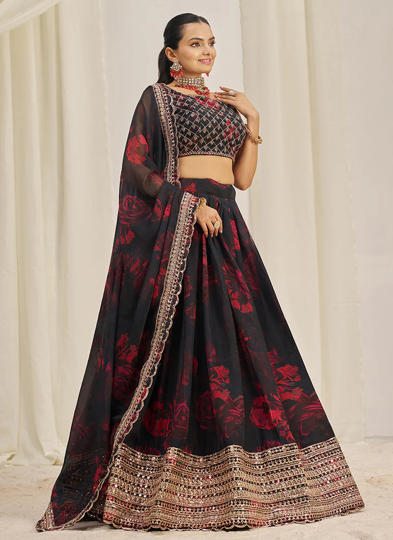 Floral Printed Black Lehenga Choli with Embroidery Detailing