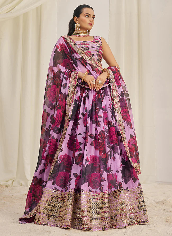 Floral Printed Baby Pink Lehenga Choli with Embroidery Detailing